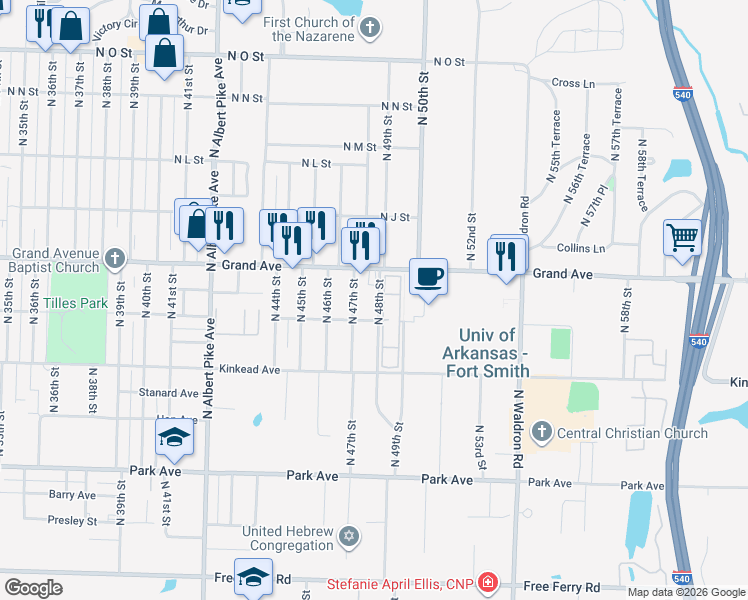 map of restaurants, bars, coffee shops, grocery stores, and more near 4730 Grand Avenue in Fort Smith