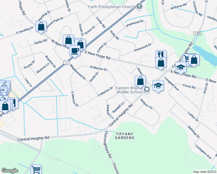 map of restaurants, bars, coffee shops, grocery stores, and more near 227 North Marion Drive in Goldsboro