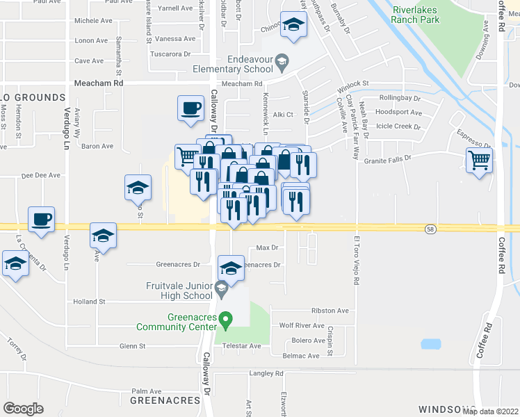 map of restaurants, bars, coffee shops, grocery stores, and more near 9400 Rosedale Highway in Bakersfield