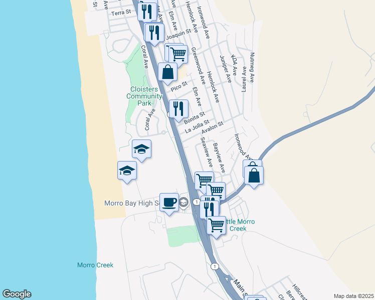 map of restaurants, bars, coffee shops, grocery stores, and more near 2198 Main Street in Morro Bay