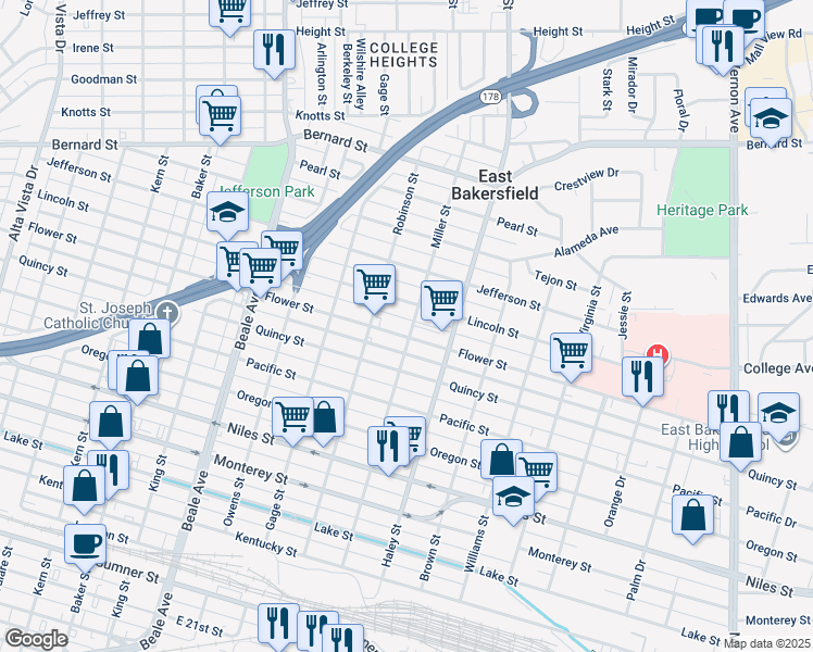 map of restaurants, bars, coffee shops, grocery stores, and more near 1231 Lincoln Street in Bakersfield