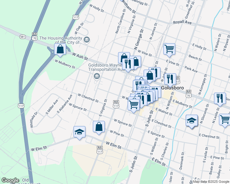 map of restaurants, bars, coffee shops, grocery stores, and more near 107 North Virginia Street in Goldsboro