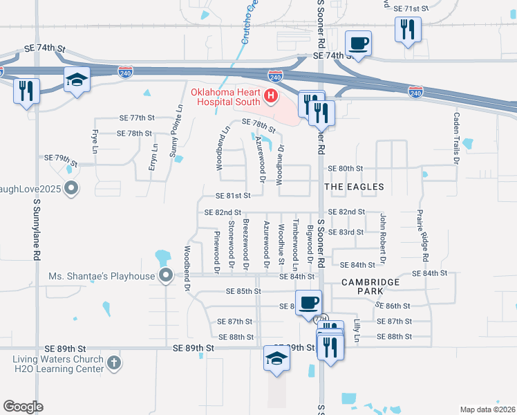 map of restaurants, bars, coffee shops, grocery stores, and more near 8128 Breezewood Drive in Oklahoma City