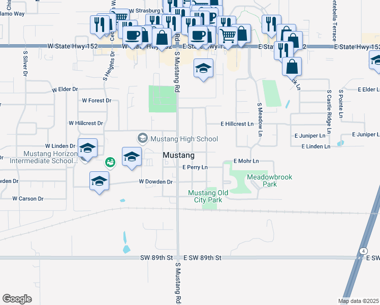 map of restaurants, bars, coffee shops, grocery stores, and more near 725 South Jones Lane in Mustang