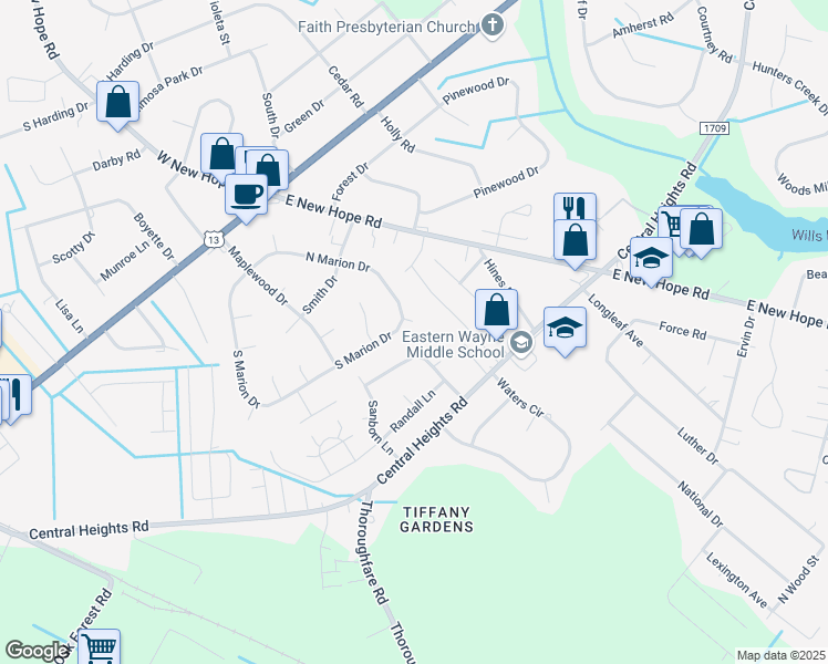 map of restaurants, bars, coffee shops, grocery stores, and more near 103 Steven Place in Goldsboro