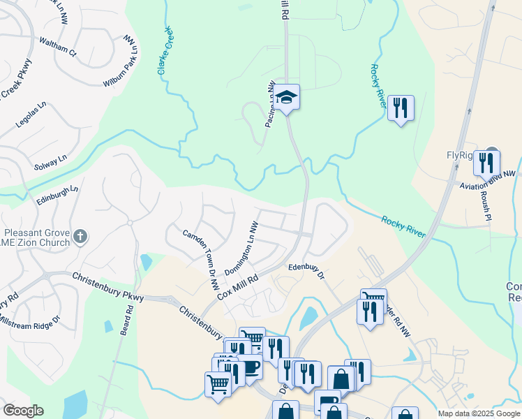 map of restaurants, bars, coffee shops, grocery stores, and more near 9550 Clarke's Meadow Drive Northwest in Concord