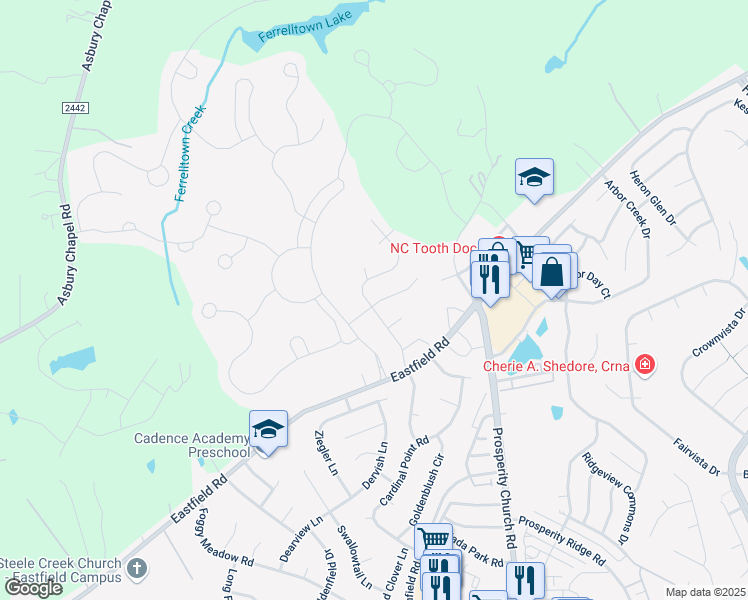 map of restaurants, bars, coffee shops, grocery stores, and more near 6938 Sweetfield Drive in Huntersville