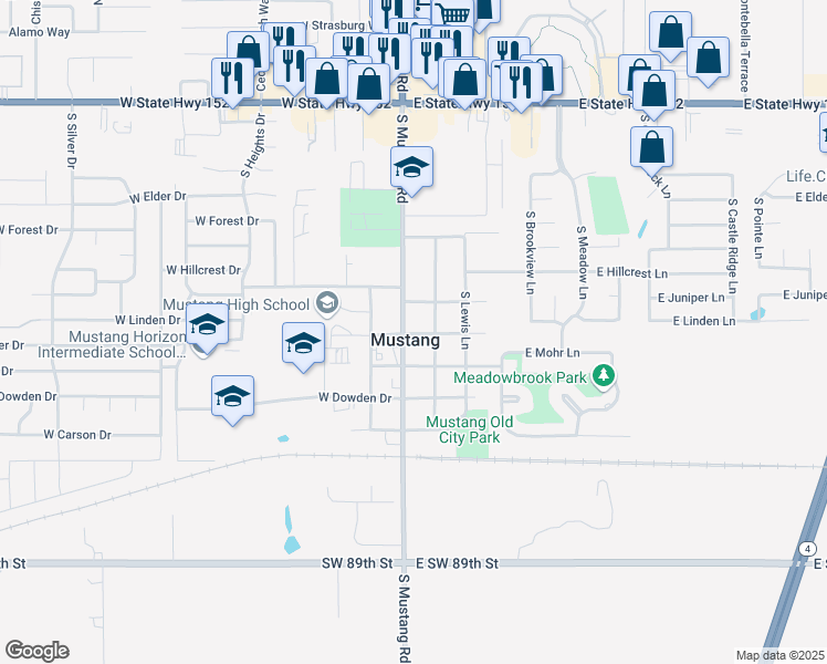 map of restaurants, bars, coffee shops, grocery stores, and more near 107 East Forster Lane in Mustang