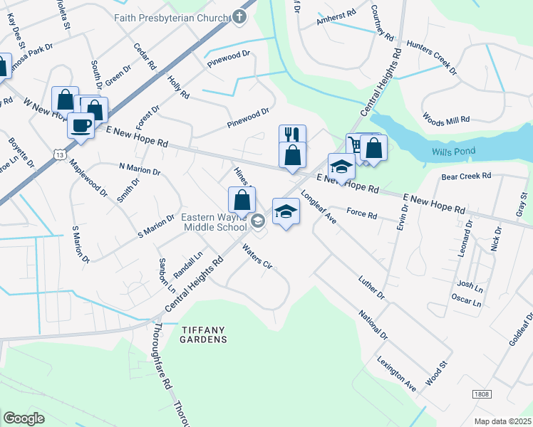 map of restaurants, bars, coffee shops, grocery stores, and more near Central Heights Road in Goldsboro