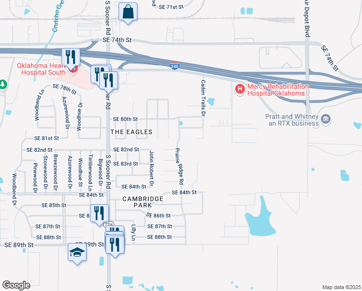 map of restaurants, bars, coffee shops, grocery stores, and more near 8200 Prairie Ridge Road in Oklahoma City