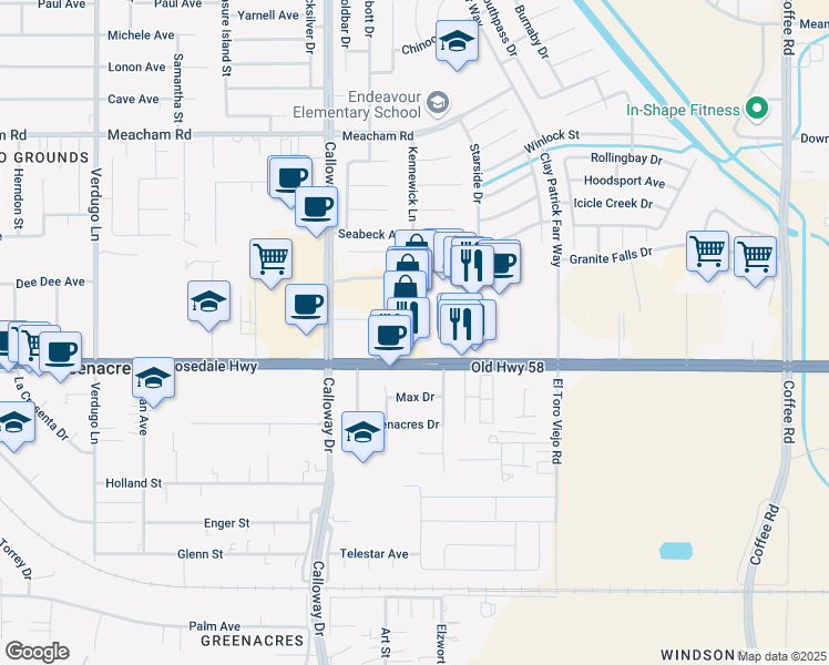 map of restaurants, bars, coffee shops, grocery stores, and more near 9400 Rosedale Highway in Bakersfield