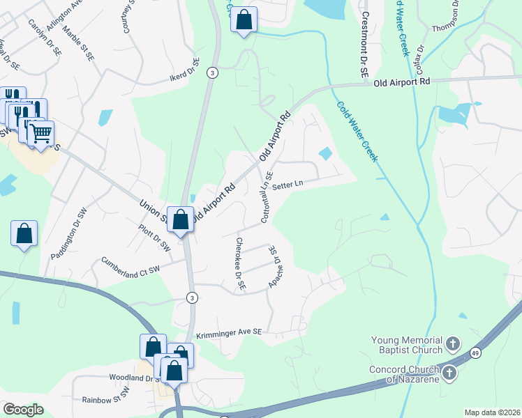 map of restaurants, bars, coffee shops, grocery stores, and more near 125 Pointer Court Southeast in Concord