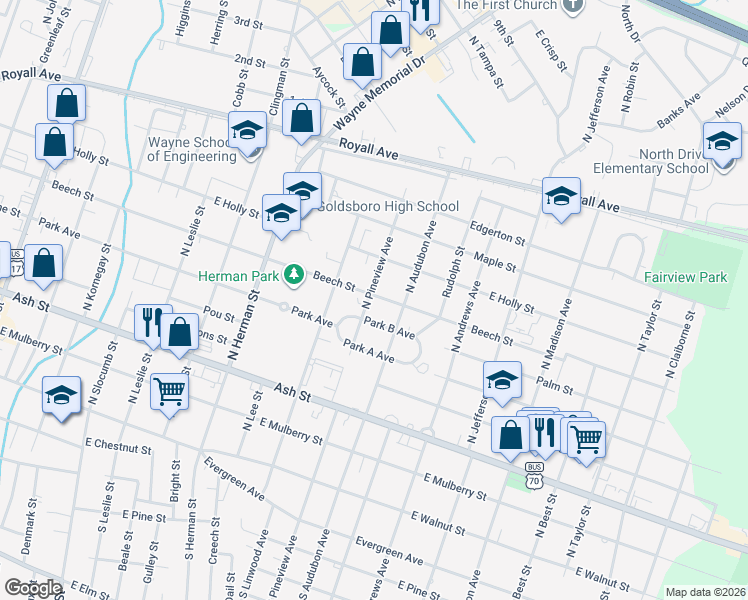 map of restaurants, bars, coffee shops, grocery stores, and more near 1206 East Holly Street in Goldsboro