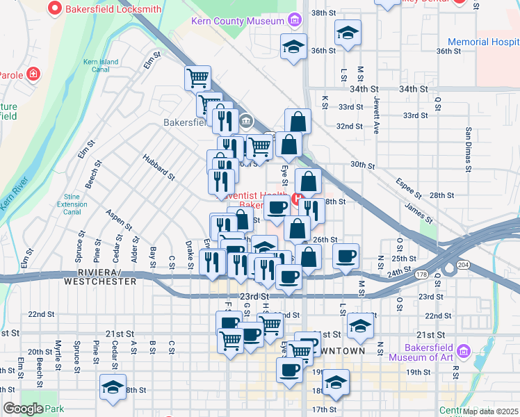 map of restaurants, bars, coffee shops, grocery stores, and more near 2801 H Street in Bakersfield