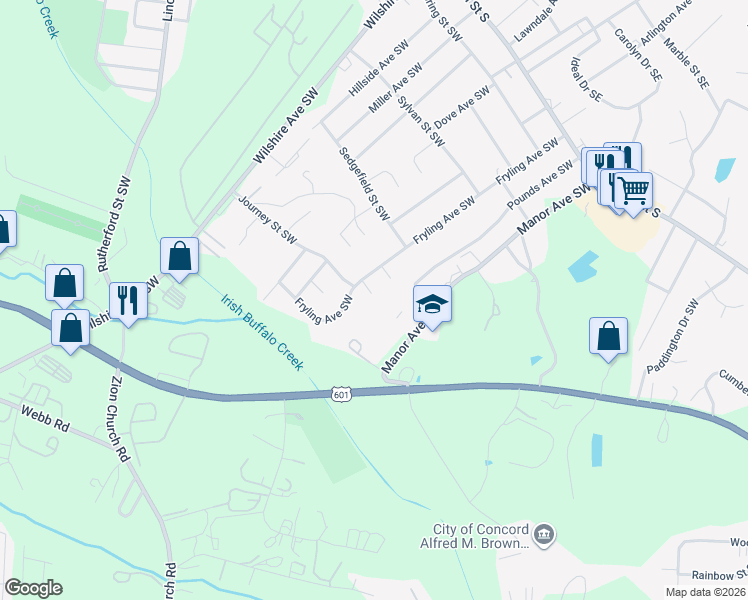 map of restaurants, bars, coffee shops, grocery stores, and more near 714 Meridian Court Southwest in Concord