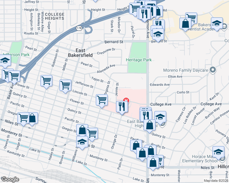 map of restaurants, bars, coffee shops, grocery stores, and more near 1919 Virginia Street in Bakersfield