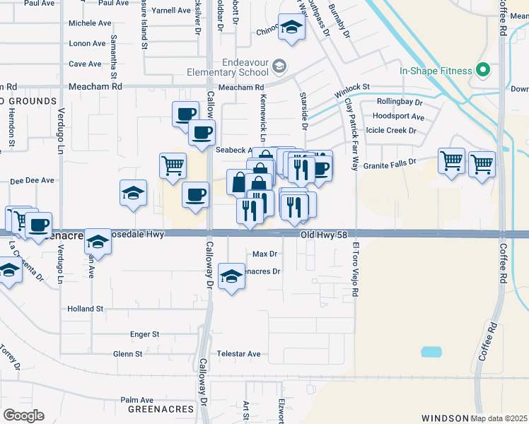 map of restaurants, bars, coffee shops, grocery stores, and more near 9370 Rosedale Highway in Bakersfield