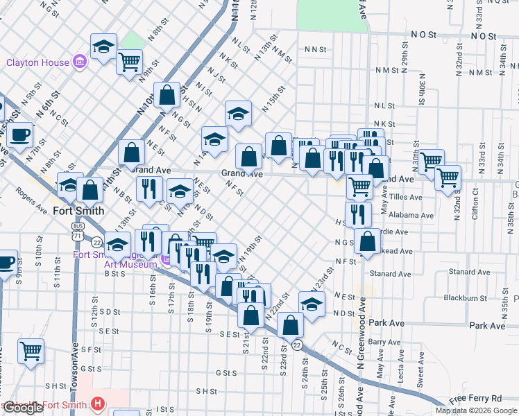 map of restaurants, bars, coffee shops, grocery stores, and more near 1801 F Street North in Fort Smith