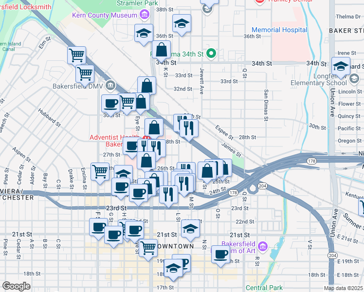 map of restaurants, bars, coffee shops, grocery stores, and more near 1219 Golden State Avenue in Bakersfield