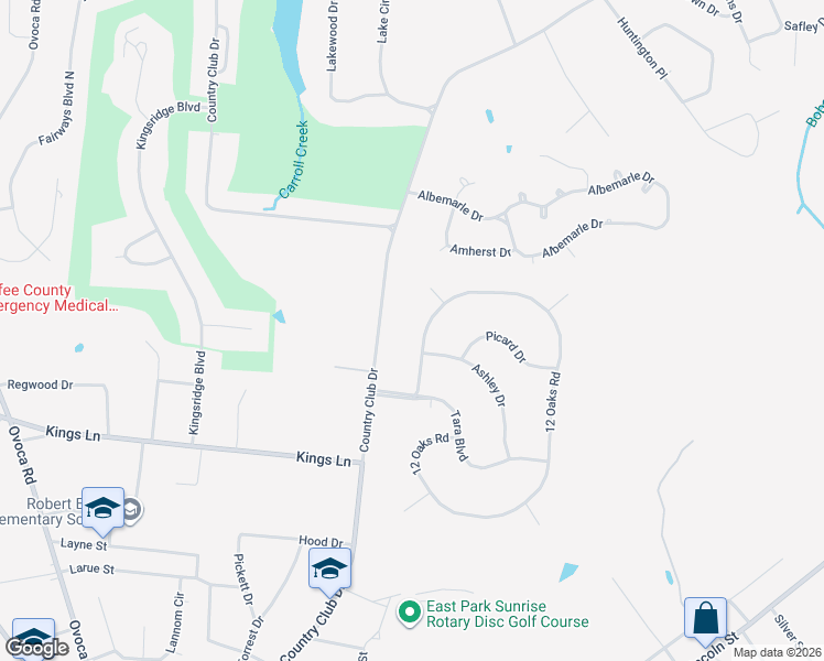 map of restaurants, bars, coffee shops, grocery stores, and more near 205 12 Oaks Road in Tullahoma
