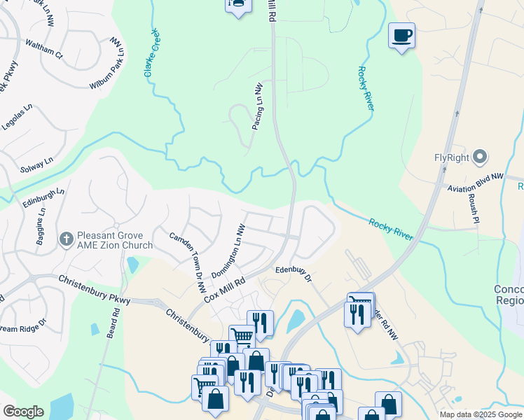 map of restaurants, bars, coffee shops, grocery stores, and more near 9562 Clarke's Meadow Drive Northwest in Concord