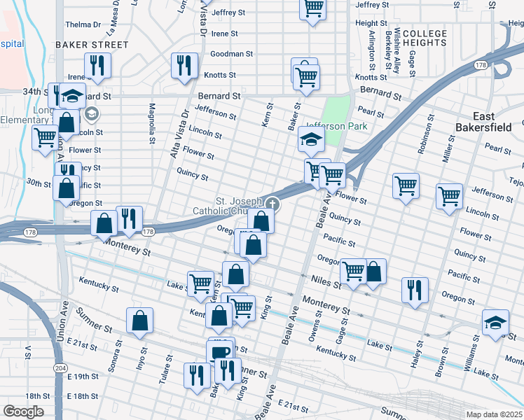 map of restaurants, bars, coffee shops, grocery stores, and more near 1502 Baker Street in Bakersfield