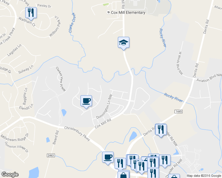 map of restaurants, bars, coffee shops, grocery stores, and more near 9586 Clarke's Meadow Drive Northwest in Concord