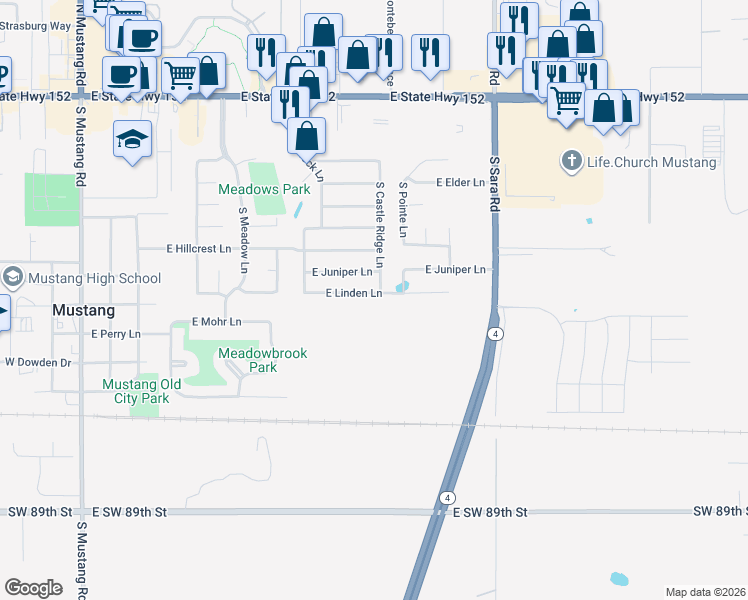 map of restaurants, bars, coffee shops, grocery stores, and more near 632 East Linden Lane in Mustang