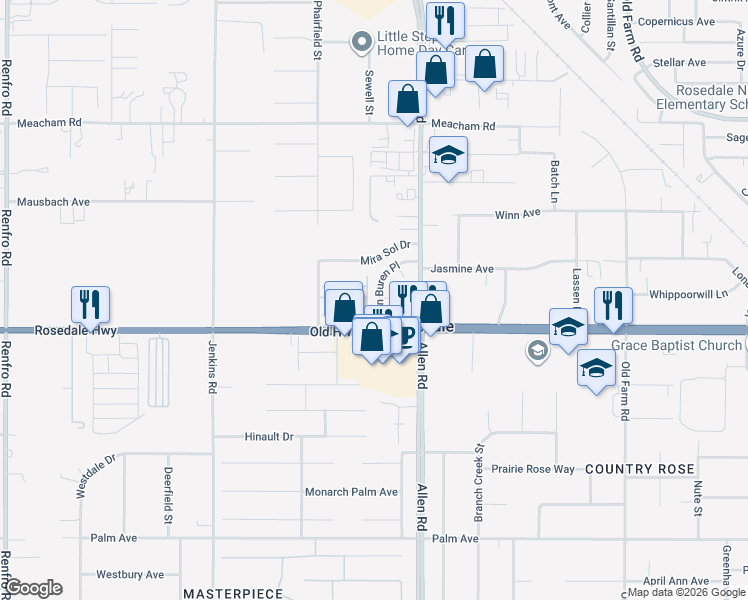 map of restaurants, bars, coffee shops, grocery stores, and more near 2707 Van Buren Place in Bakersfield