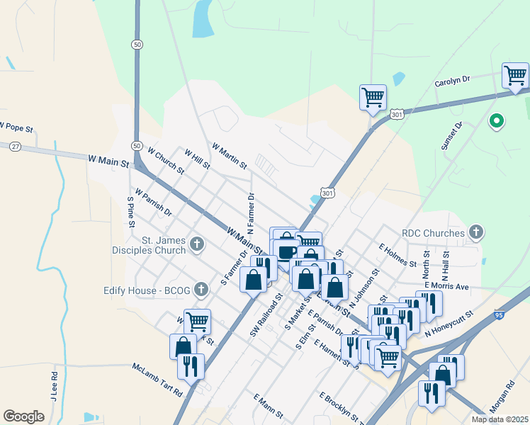map of restaurants, bars, coffee shops, grocery stores, and more near 215 West Hill Street in Benson