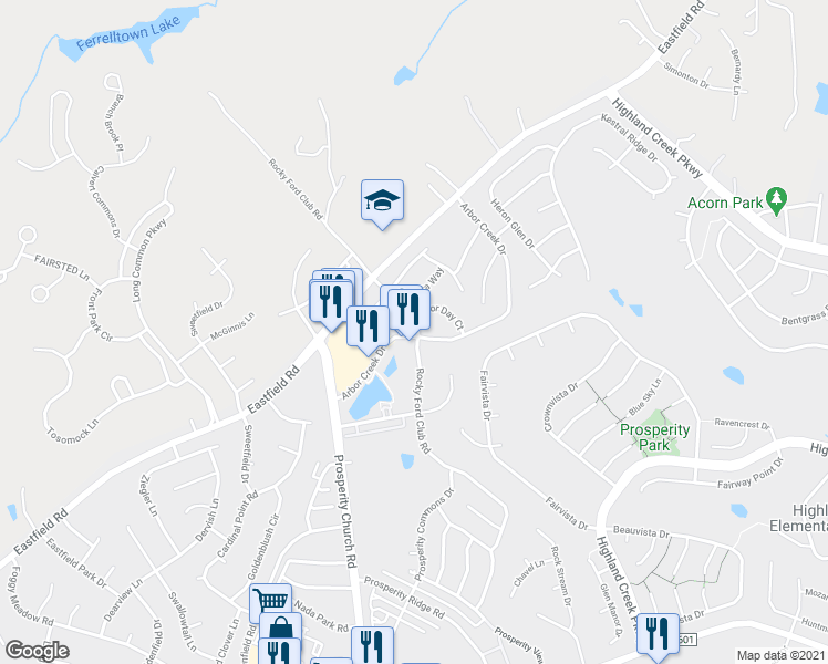 map of restaurants, bars, coffee shops, grocery stores, and more near 8853 Arbor Creek Drive in Charlotte