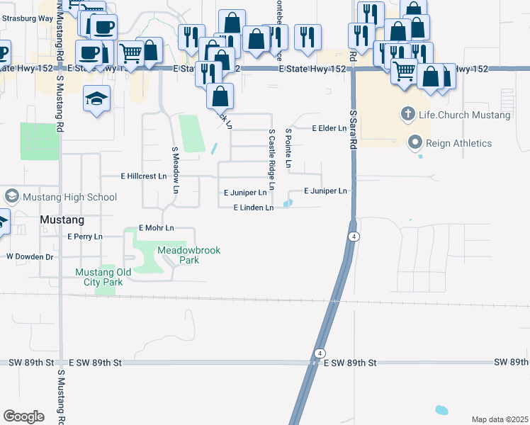 map of restaurants, bars, coffee shops, grocery stores, and more near 804 South Castle Ridge Lane in Mustang