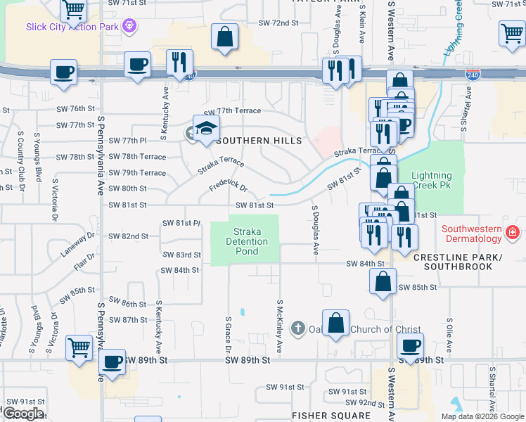 map of restaurants, bars, coffee shops, grocery stores, and more near 1201 Southwest 81st Street in Oklahoma City