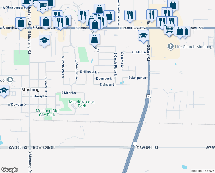 map of restaurants, bars, coffee shops, grocery stores, and more near 612 East Linden Lane in Mustang