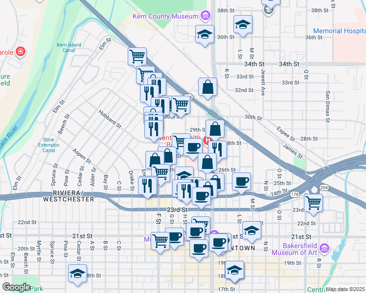 map of restaurants, bars, coffee shops, grocery stores, and more near 2801 H Street in Bakersfield