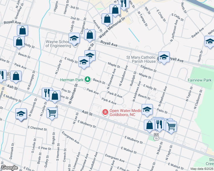 map of restaurants, bars, coffee shops, grocery stores, and more near 1109 Beech Street in Goldsboro