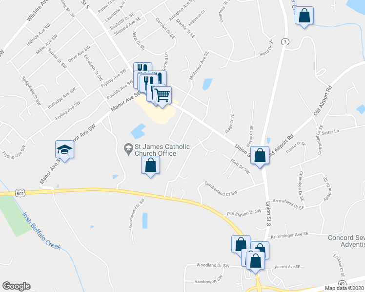 map of restaurants, bars, coffee shops, grocery stores, and more near 71 Tulip Avenue Southwest in Concord