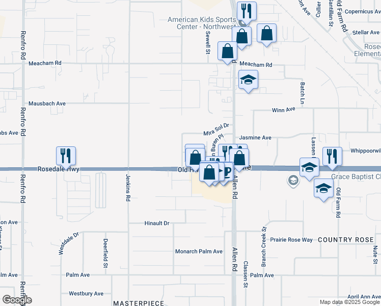 map of restaurants, bars, coffee shops, grocery stores, and more near 2600 Sablewood Drive in Bakersfield