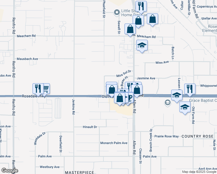 map of restaurants, bars, coffee shops, grocery stores, and more near 2600 Sablewood Drive in Bakersfield