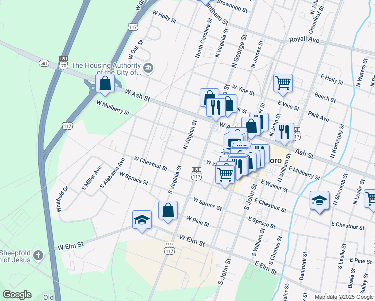 map of restaurants, bars, coffee shops, grocery stores, and more near 107 North Virginia Street in Goldsboro