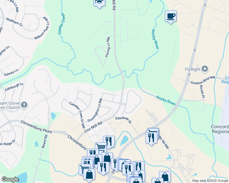 map of restaurants, bars, coffee shops, grocery stores, and more near 9550 Clarke's Meadow Drive Northwest in Concord