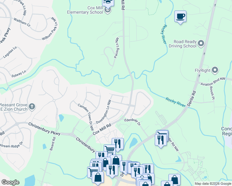 map of restaurants, bars, coffee shops, grocery stores, and more near 9578 Clarke's Meadow Drive Northwest in Concord