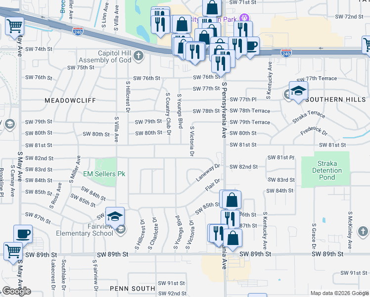 map of restaurants, bars, coffee shops, grocery stores, and more near 8113 South Victoria Drive in Oklahoma City