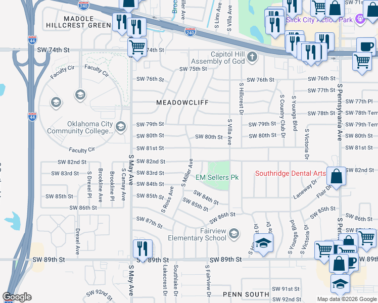 map of restaurants, bars, coffee shops, grocery stores, and more near 2613 Southwest 81st Street in Oklahoma City