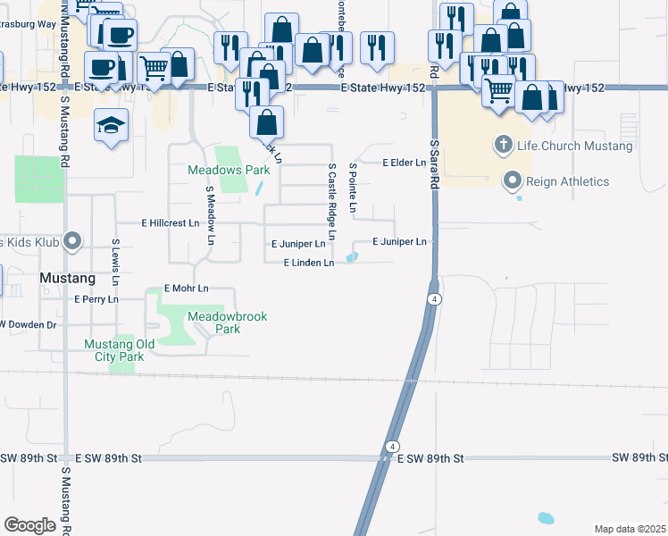 map of restaurants, bars, coffee shops, grocery stores, and more near 640 East Linden Lane in Mustang