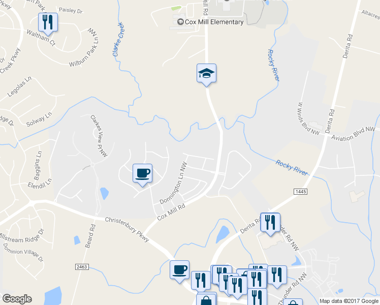 map of restaurants, bars, coffee shops, grocery stores, and more near 9578 Clarke's Meadow Drive Northwest in Concord