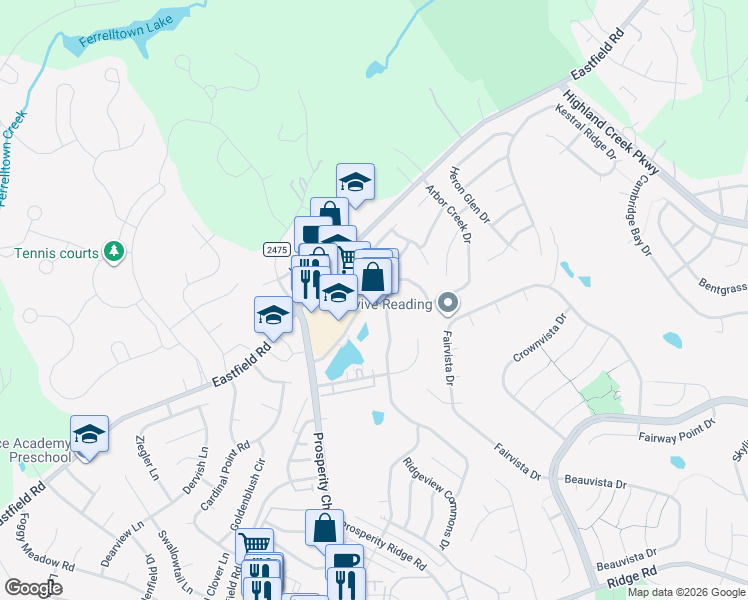 map of restaurants, bars, coffee shops, grocery stores, and more near 10465 Rocky Ford Club Road in Charlotte