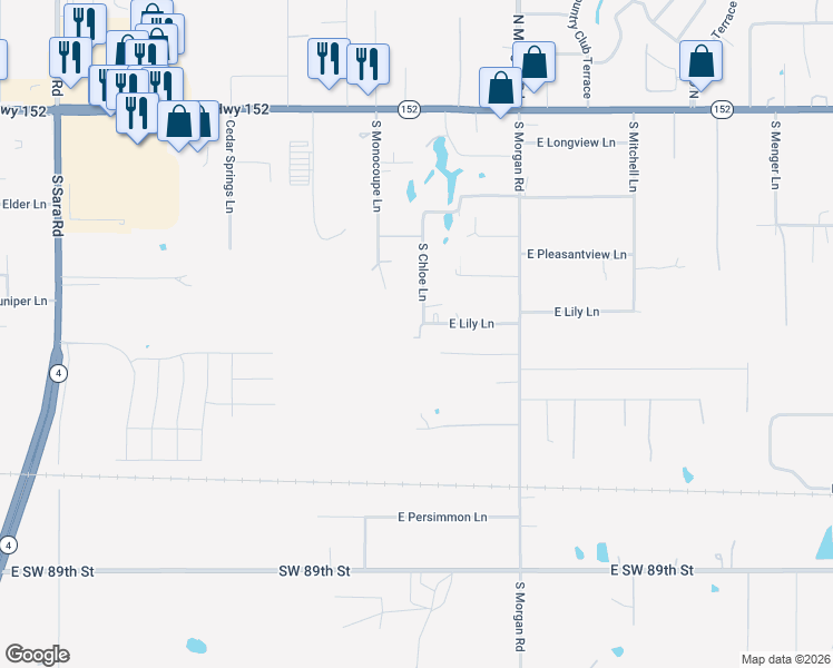 map of restaurants, bars, coffee shops, grocery stores, and more near 1500 East Lily Lane in Mustang