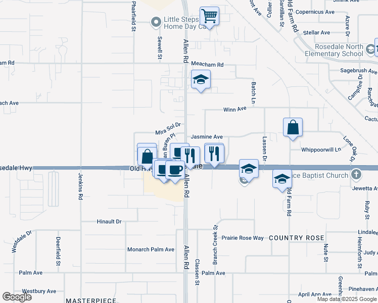 map of restaurants, bars, coffee shops, grocery stores, and more near 2714 Allen Road in Bakersfield