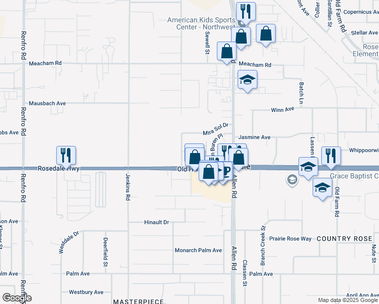 map of restaurants, bars, coffee shops, grocery stores, and more near 2600 Sablewood Drive in Bakersfield